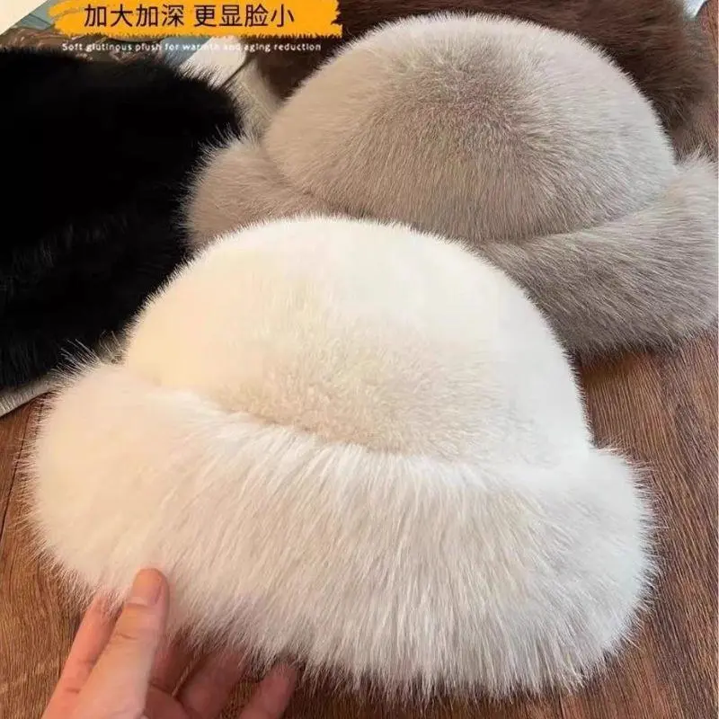 HOT Winter Fluffy Fur Bucket Hat For Women Mongolian Hat Warm Women's Hat Chrismas Plush Fisherman Hat Thicken Panama Cap