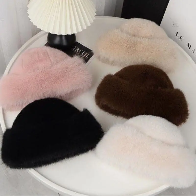 HOT Winter Fluffy Fur Bucket Hat For Women Mongolian Hat Warm Women's Hat Chrismas Plush Fisherman Hat Thicken Panama Cap