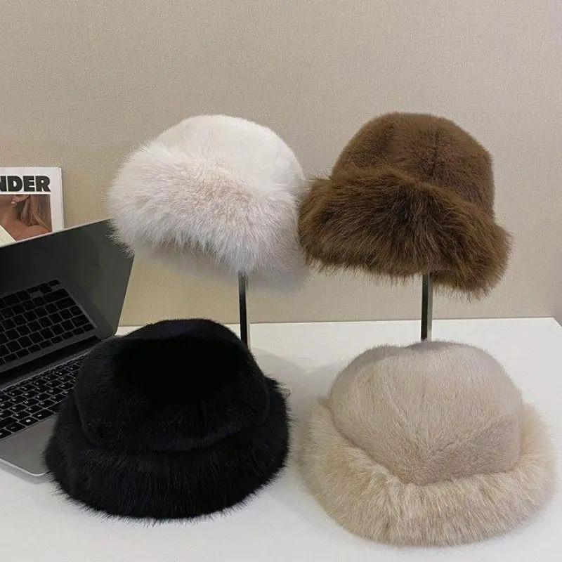 HOT Winter Fluffy Fur Bucket Hat For Women Mongolian Hat Warm Women's Hat Chrismas Plush Fisherman Hat Thicken Panama Cap