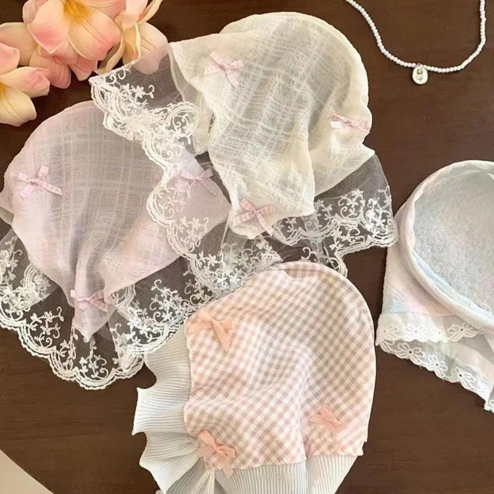 INS Lace Bow Hair Scarf Women Korean Triangle Hair Band Travel Photo Headband Sunscreen Headscarf Girls Linen Cotton Neckerchief