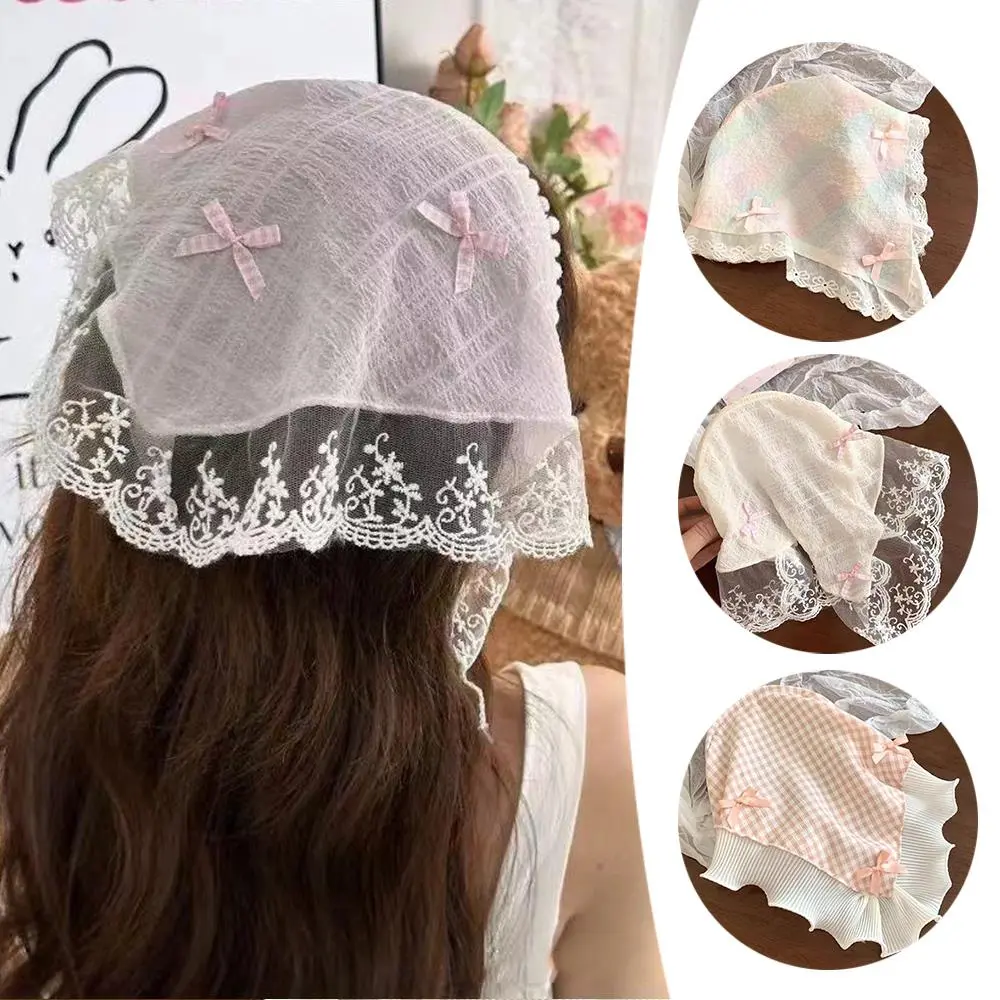 INS Lace Bow Hair Scarf Women Korean Triangle Hair Band Travel Photo Headband Sunscreen Headscarf Girls Linen Cotton Neckerchief