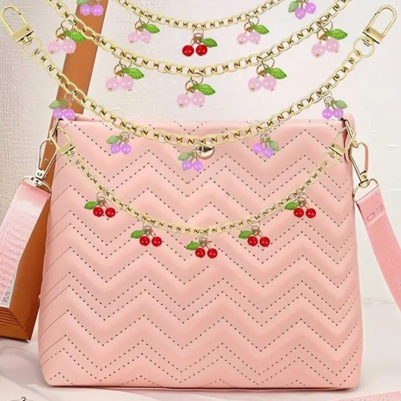 HOT Cherry Strawberry Pendant Girl Bag Charms Cute Imitation Pearl Red Flower Strawberry Bag Pendant Decoration Extension Chain