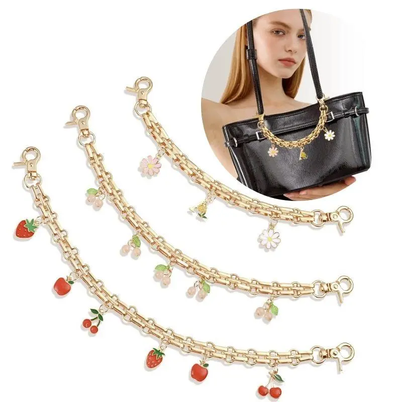 HOT Cherry Strawberry Pendant Girl Bag Charms Cute Imitation Pearl Red Flower Strawberry Bag Pendant Decoration Extension Chain