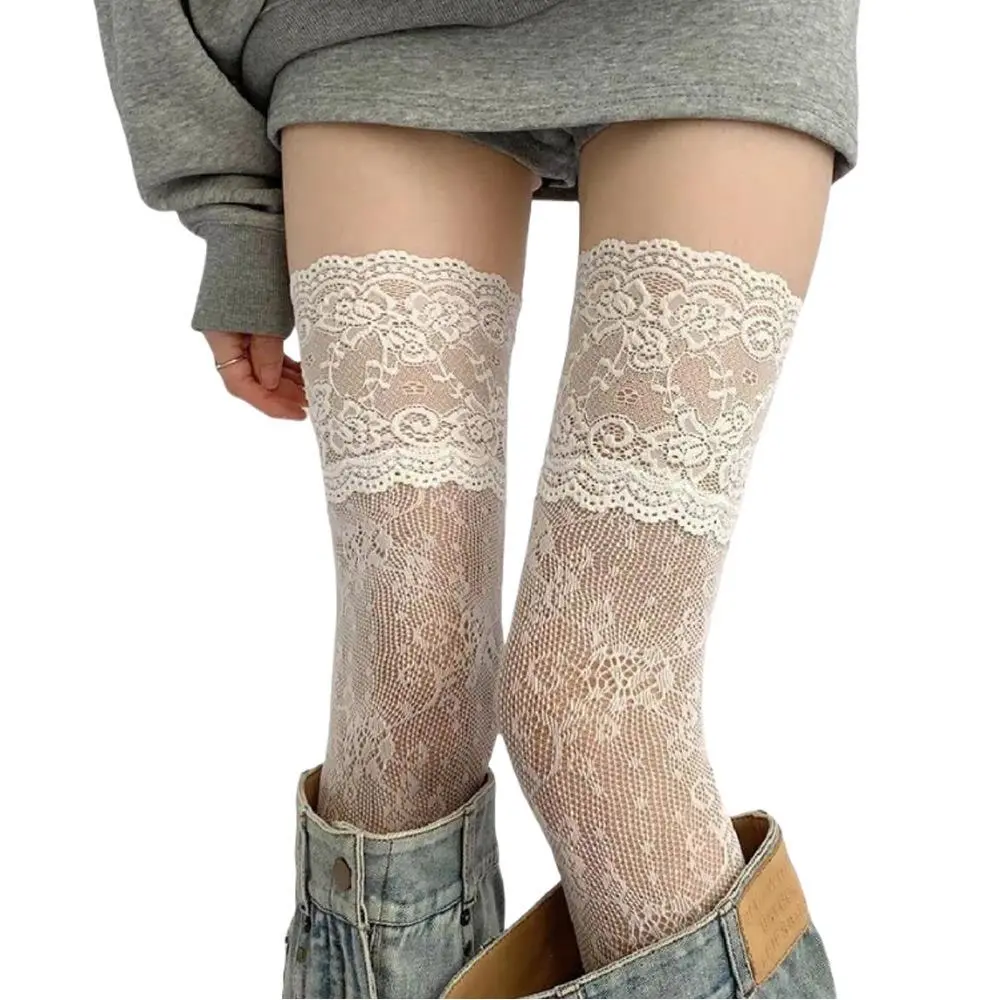 2025 Women Flower Lace Fishnet Thigh High Stockings Y2K Japanese Style JK Girl Sweet Lace Trim Frilly Over Knee Long Socks