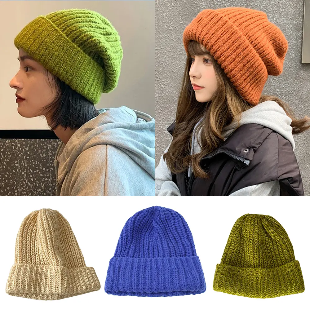 Winter Knitted Hat Women Korean Fashion Solid Outdoor Warm Beanies All-match Casual Elastic Comfortable Cap 2024 New