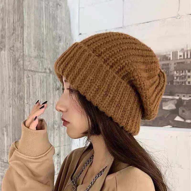 Winter Knitted Hat Women Korean Fashion Solid Outdoor Warm Beanies All-match Casual Elastic Comfortable Cap 2024 New