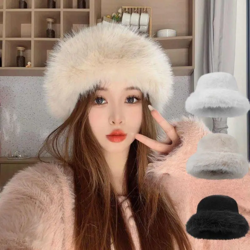 Autumn Winter Women's Fur Hat Brimless Plush Fluffy Skiing Riding Warm Cap Thick Warm Faux Fur Basin-Hat For Women Fisherman-Cap