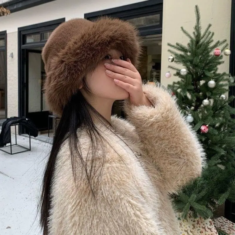 Autumn Winter Women's Fur Hat Brimless Plush Fluffy Skiing Riding Warm Cap Thick Warm Faux Fur Basin-Hat For Women Fisherman-Cap