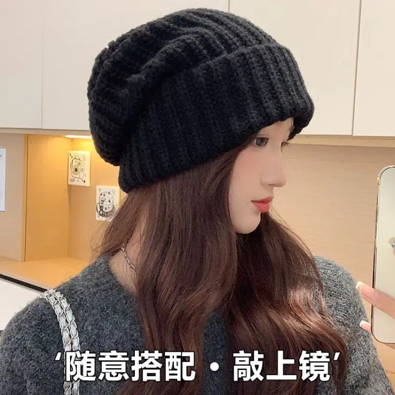 Winter Knitted Hat Women Korean Fashion Solid Outdoor Warm Beanies All-match Casual Elastic Comfortable Cap 2024 New