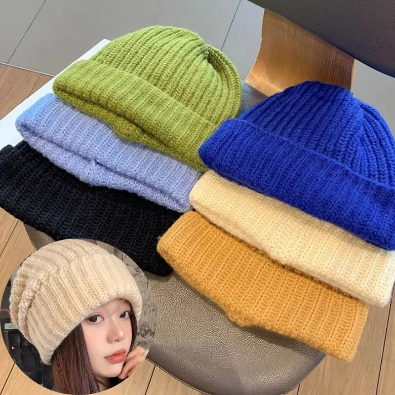Winter Knitted Hat Women Korean Fashion Solid Outdoor Warm Beanies All-match Casual Elastic Comfortable Cap 2024 New