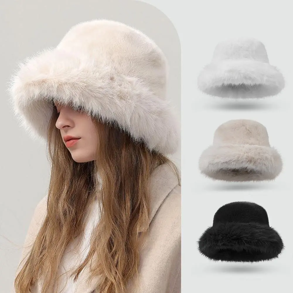 Autumn Winter Women's Fur Hat Brimless Plush Fluffy Skiing Riding Warm Cap Thick Warm Faux Fur Basin-Hat For Women Fisherman-Cap