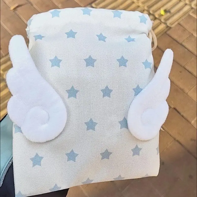 INS Wings Stars Design Drawstring Storage Bag Portable Canvas Bundle Pocket Dustproof Stationery Storage Bag Organizer Bag