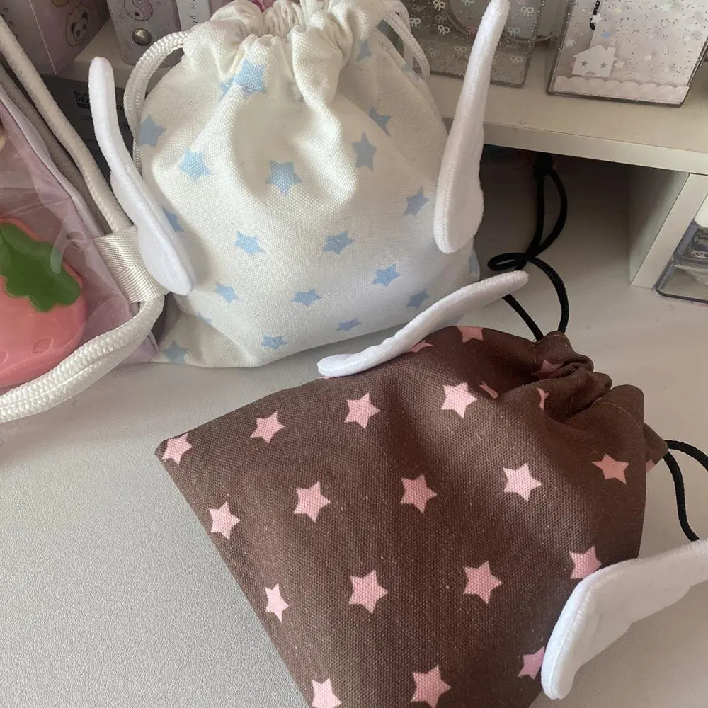 INS Wings Stars Design Drawstring Storage Bag Portable Canvas Bundle Pocket Dustproof Stationery Storage Bag Organizer Bag
