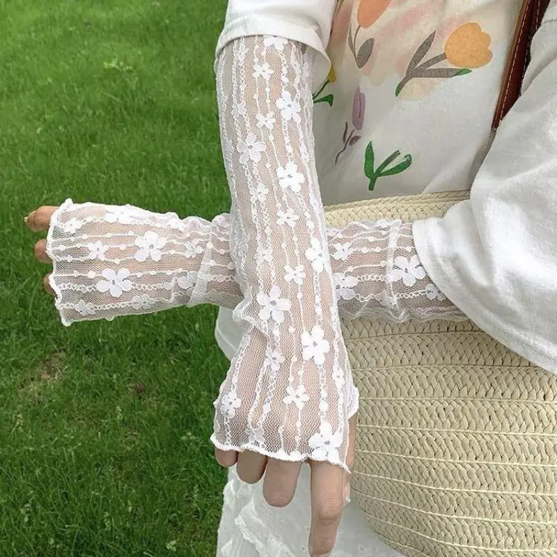 Fashion Long Lace Gloves Hollow-Out Fingerless Glove Women Sun Protection Sleeves Mesh Lace Thin Hand Cycling Gloves Gym Gloves
