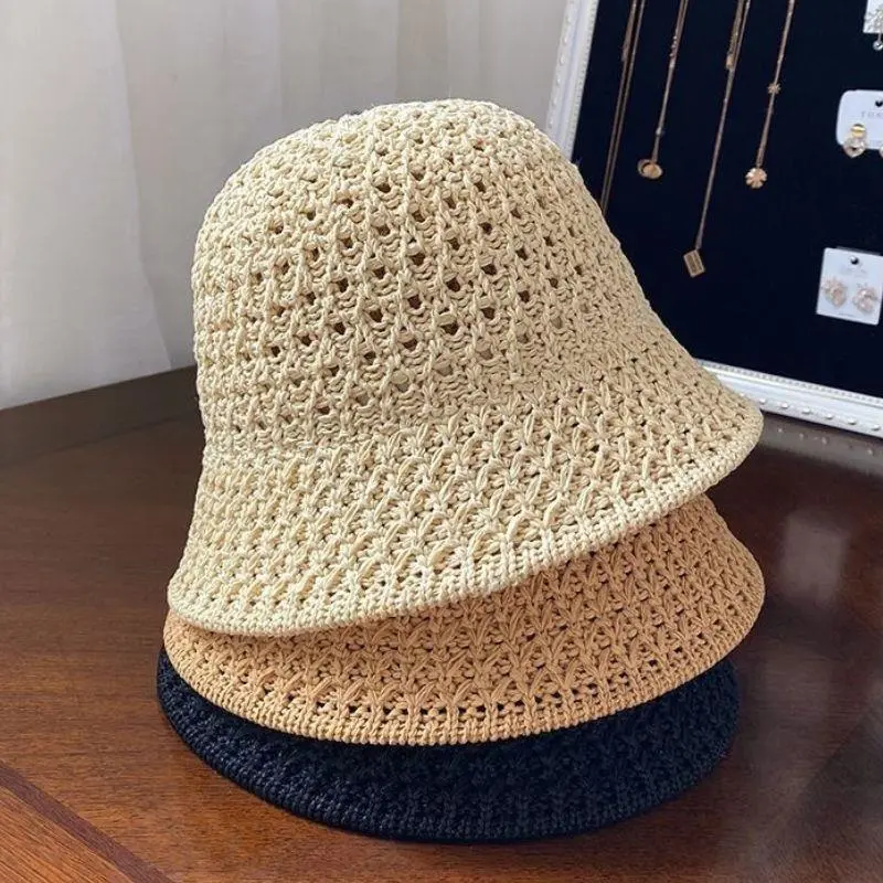 1PC Leisure Versatile Straw Hat For Women Summer Beach Fishing Cap Breathable Hollow Out Design Sun Protection Korea Bucket Hats