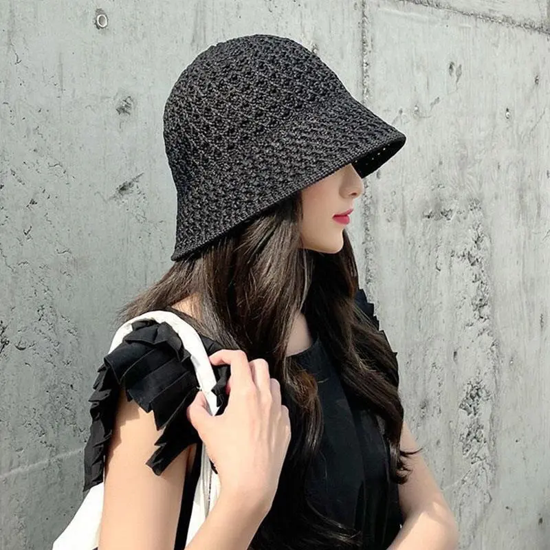 1PC Leisure Versatile Straw Hat For Women Summer Beach Fishing Cap Breathable Hollow Out Design Sun Protection Korea Bucket Hats