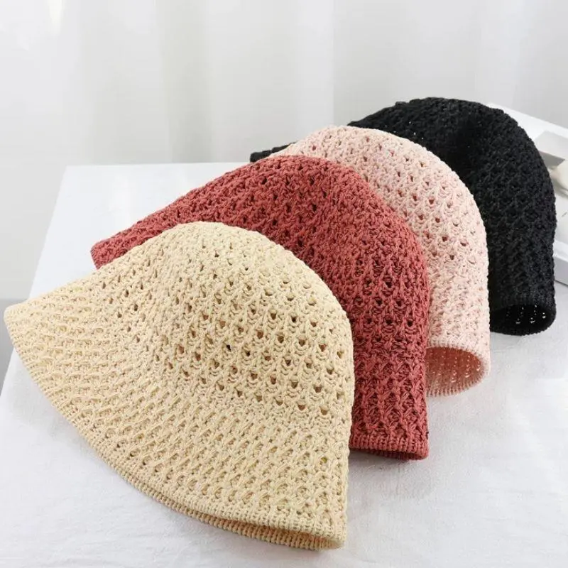 1PC Leisure Versatile Straw Hat For Women Summer Beach Fishing Cap Breathable Hollow Out Design Sun Protection Korea Bucket Hats