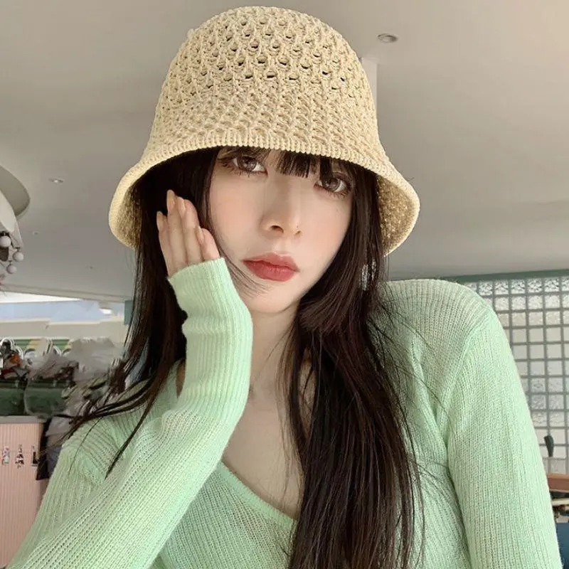 1PC Leisure Versatile Straw Hat For Women Summer Beach Fishing Cap Breathable Hollow Out Design Sun Protection Korea Bucket Hats