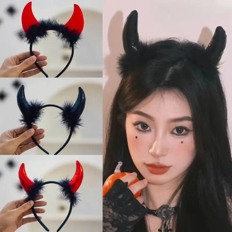 Plush Devil Ears Hair Hoops Funny Horns Cosplay Halloween Party Performance Masquerade Hair Decoration Headband Props Headwear