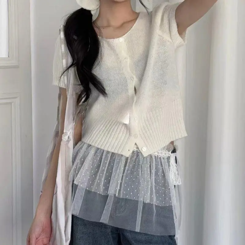 New Spring Women Korean One-Piece Belted Overlap Lace Skirt Apron Lace Trim Half Skirt INS Lace Layered Gauze Skirt With Tie Up
