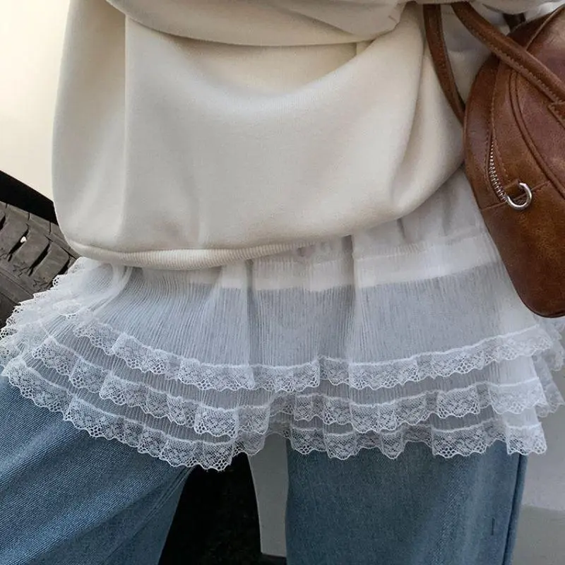 New Spring Women Korean One-Piece Belted Overlap Lace Skirt Apron Lace Trim Half Skirt INS Lace Layered Gauze Skirt With Tie Up