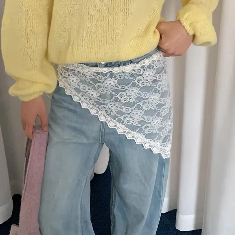 Korean Fashion Triangle Lace Irregular Skirt Curtain White Flowers Lace Mesh Halfbody Skirt Women Summer Bottoms Jeans Decor