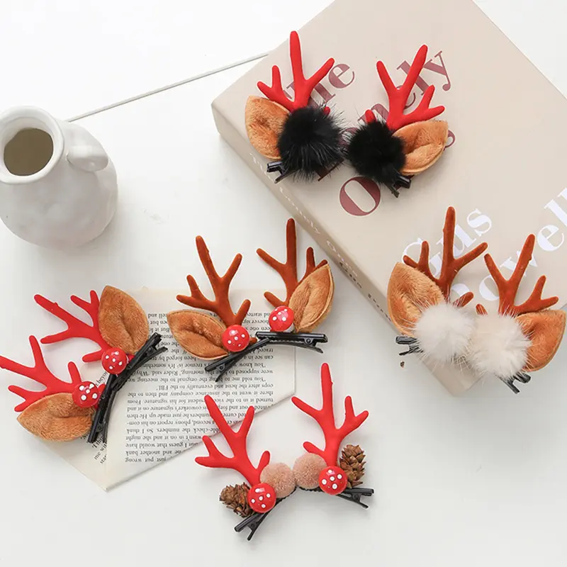 2pcs Cute Deer Ear Hair Pins Christmas Barrettes Flower Hair Decoration Beautiful Deer Antlers Hair Clips Kids Hair Accessories