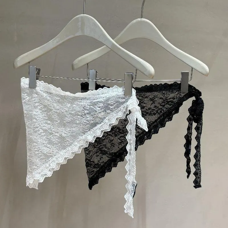 Korean Fashion Triangle Lace Irregular Skirt Curtain White Flowers Lace Mesh Halfbody Skirt Women Summer Bottoms Jeans Decor