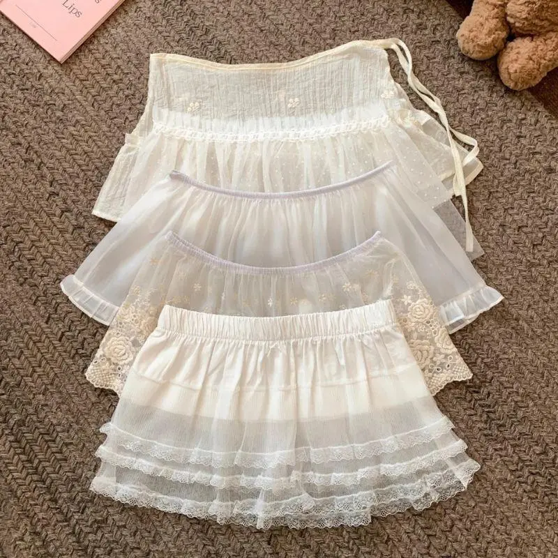 Korea Polka Dot Mesh Skirt Curtain Pleated Lace Floral Printed Mini Skirt Ins Spring Summer Lace-up Fart Curtain Y2k White Skirt