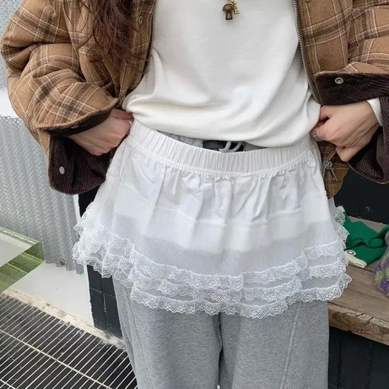 Korea Polka Dot Mesh Skirt Curtain Pleated Lace Floral Printed Mini Skirt Ins Spring Summer Lace-up Fart Curtain Y2k White Skirt