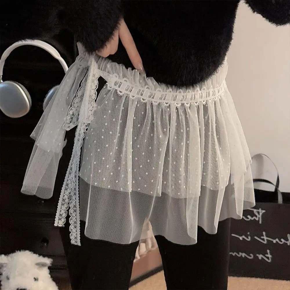 Korea Polka Dot Mesh Skirt Curtain Pleated Lace Floral Printed Mini Skirt Ins Spring Summer Lace-up Fart Curtain Y2k White Skirt
