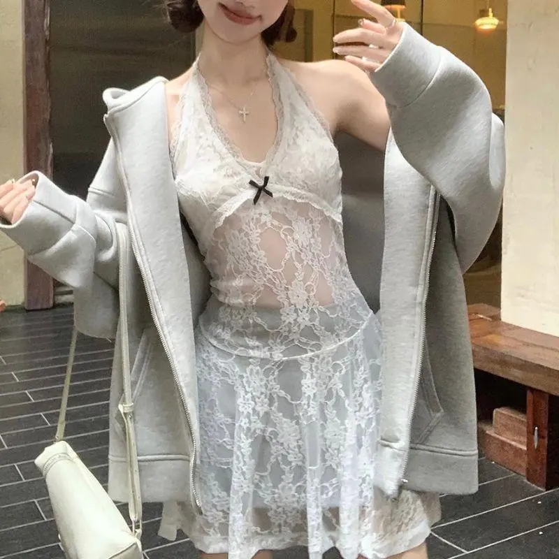 New Korean Style Dresses Women Sleeveless Lace See Through Y2k Vintage Dresses Camis Long Streetwear 2000s Dresses Autumn