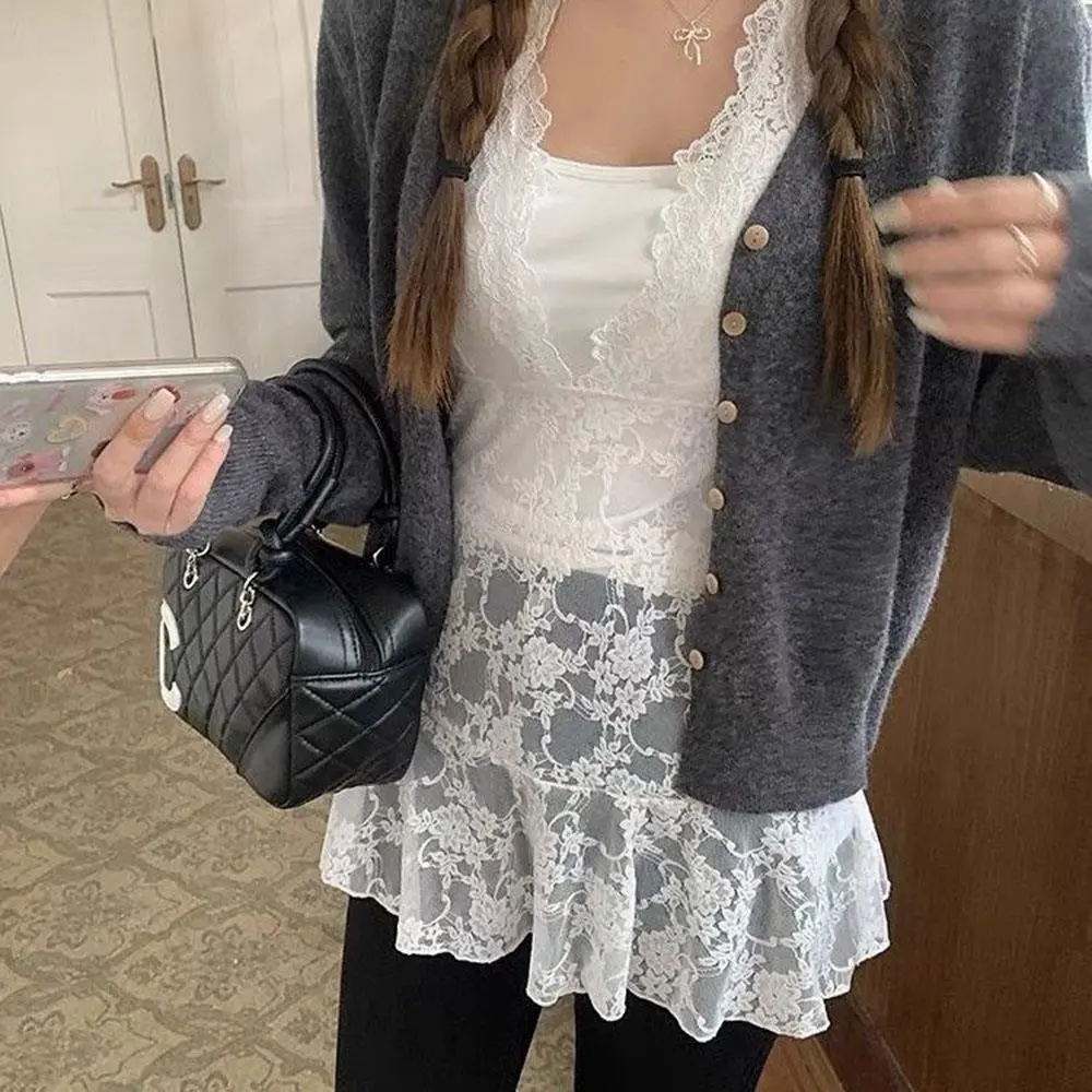 New Korean Style Dresses Women Sleeveless Lace See Through Y2k Vintage Dresses Camis Long Streetwear 2000s Dresses Autumn