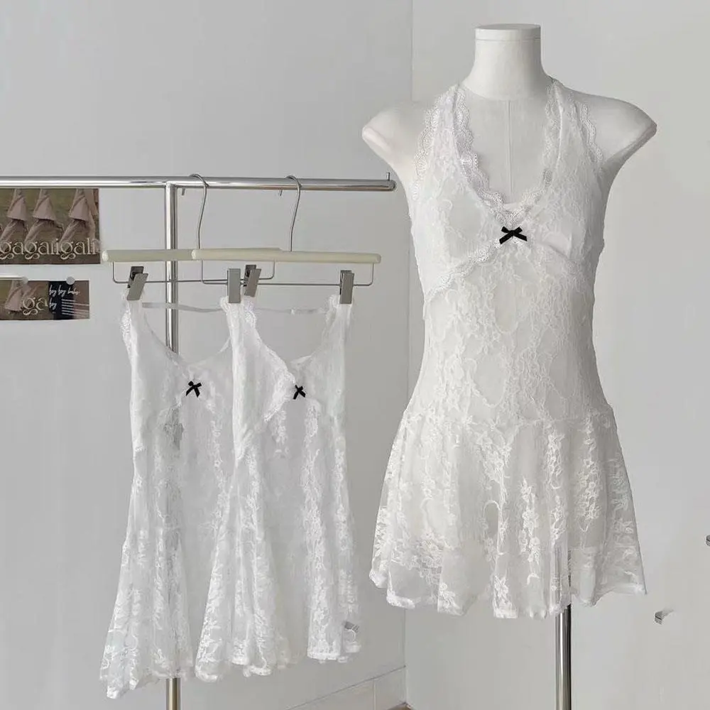 New Korean Style Dresses Women Sleeveless Lace See Through Y2k Vintage Dresses Camis Long Streetwear 2000s Dresses Autumn