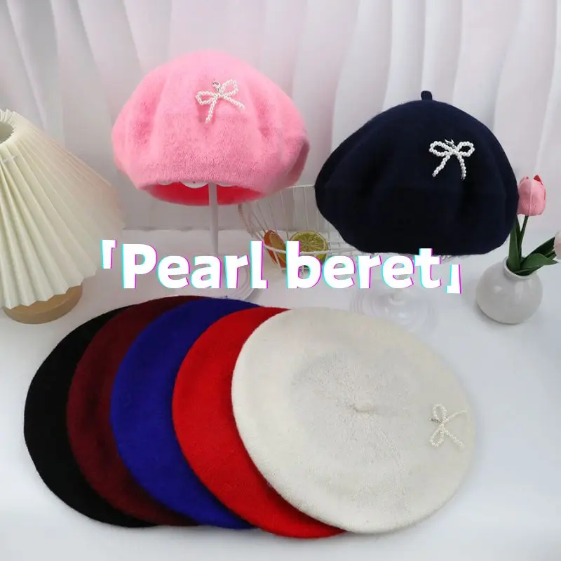 Ins Korean Pearl Beret Autumn Winter Woolen Berets Warm French Artist Style Caps For Women Retro Candy Color Elegant Caps