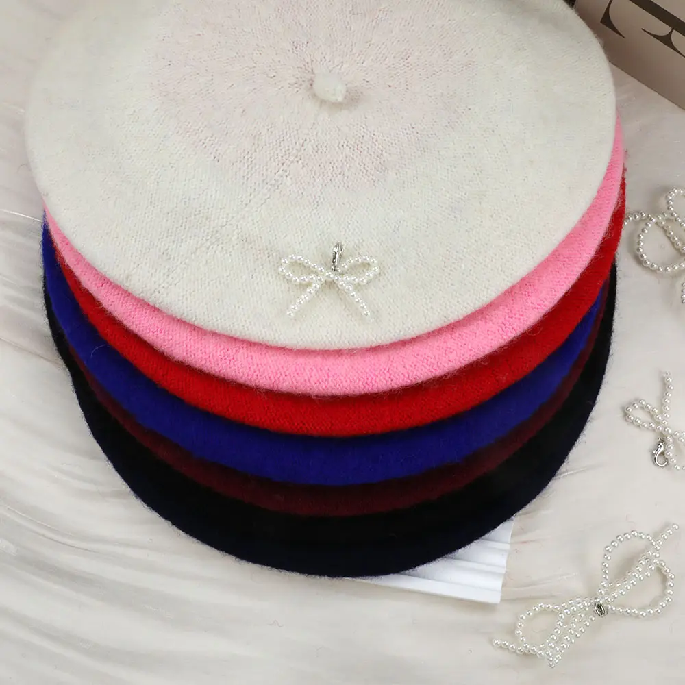 Ins Korean Pearl Beret Autumn Winter Woolen Berets Warm French Artist Style Caps For Women Retro Candy Color Elegant Caps