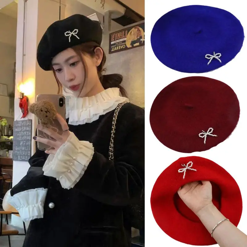 Ins Korean Pearl Beret Autumn Winter Woolen Berets Warm French Artist Style Caps For Women Retro Candy Color Elegant Caps