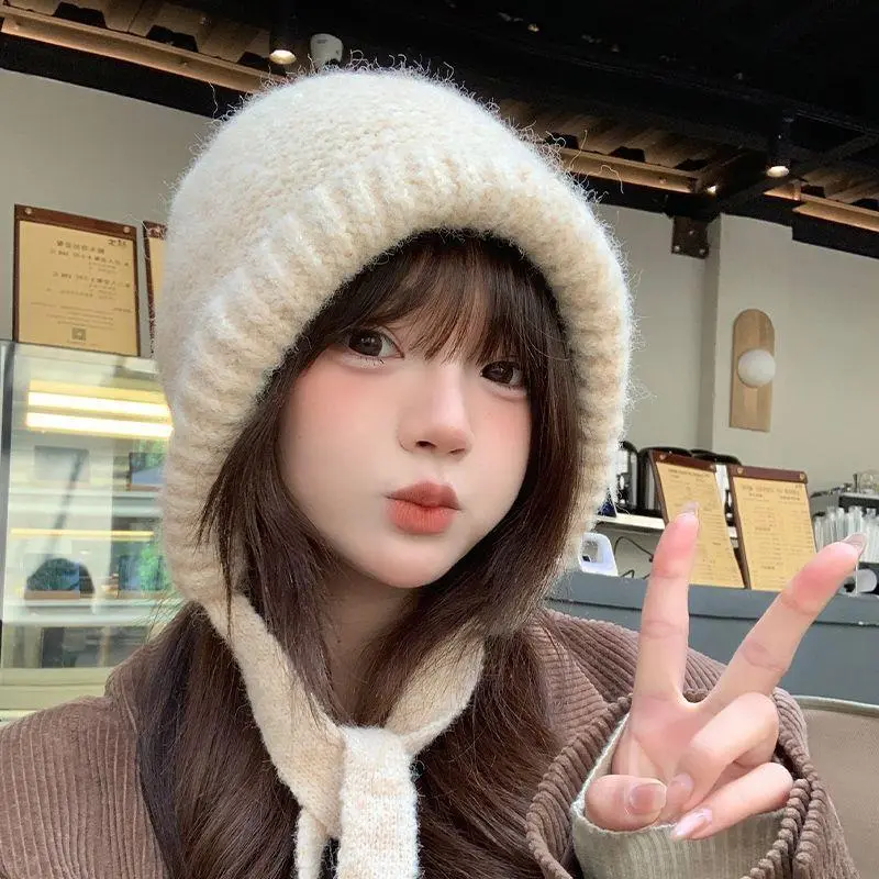 Korea 2024 Winter Hats Balaclava Hat Warm Women Knitted Wool Pullover Hat Gothic Y2k Knitted Winter Beanies Cap Hooded Hat