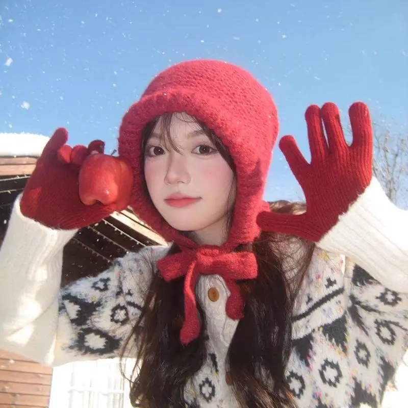Korea 2024 Winter Hats Balaclava Hat Warm Women Knitted Wool Pullover Hat Gothic Y2k Knitted Winter Beanies Cap Hooded Hat