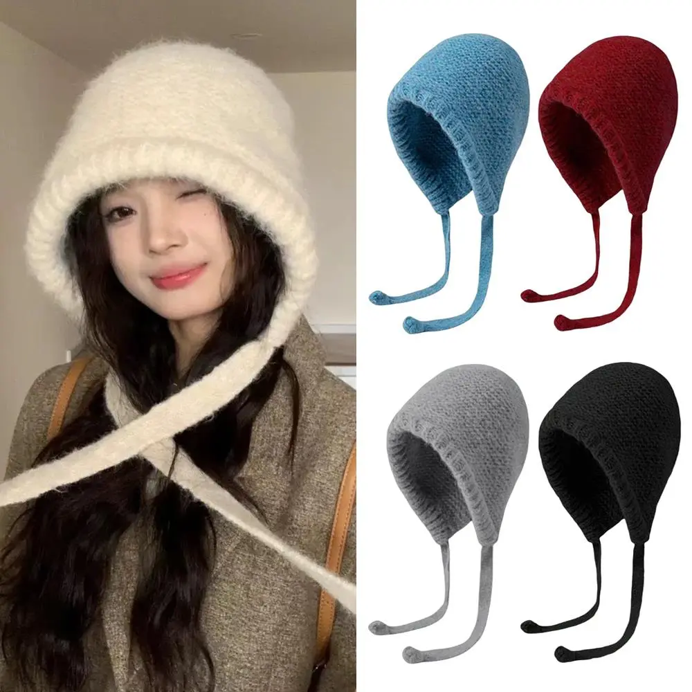 Korea 2024 Winter Hats Balaclava Hat Warm Women Knitted Wool Pullover Hat Gothic Y2k Knitted Winter Beanies Cap Hooded Hat