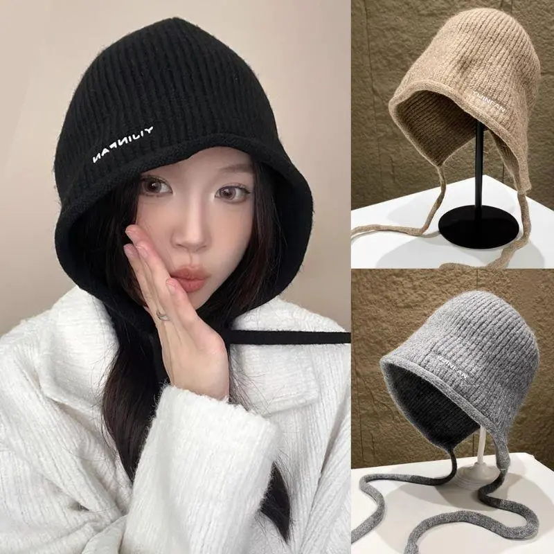 New Design Knitted Balaclava Hat Creative Bowknot Ear Hat Dacron Solid Pullover Beanies Autumn Winter Outdoor Warmer Beanies Cap