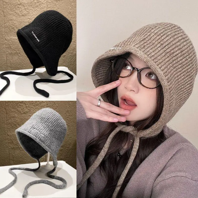 New Design Knitted Balaclava Hat Creative Bowknot Ear Hat Dacron Solid Pullover Beanies Autumn Winter Outdoor Warmer Beanies Cap