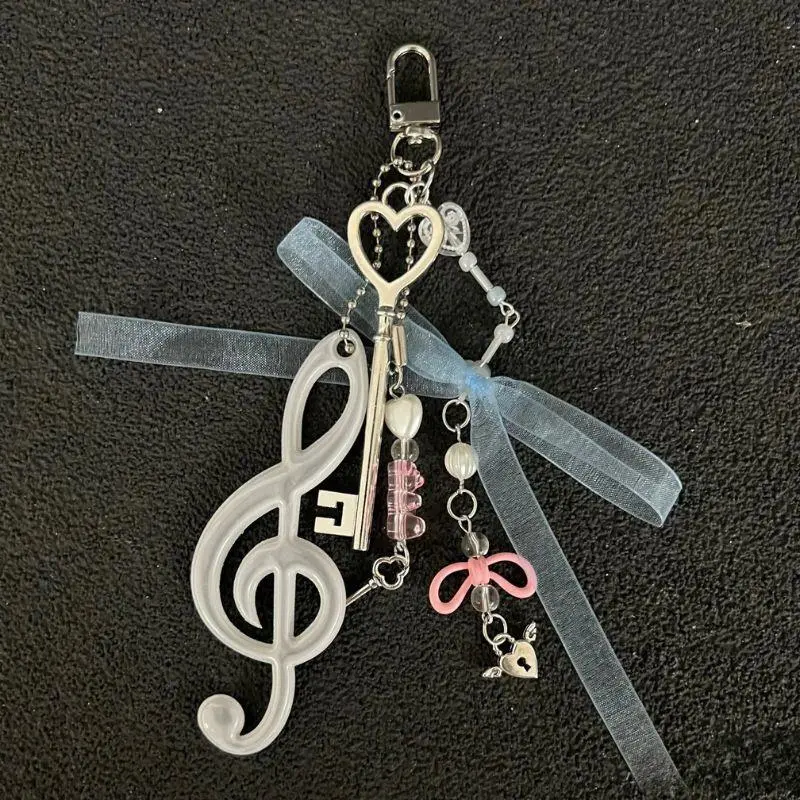 Music Symbol Bowknot Pendant Keychain Y2K Korean Key Ring Bag Pendant  Bow Heart Sweet Bag Decor Key Ornament Gift