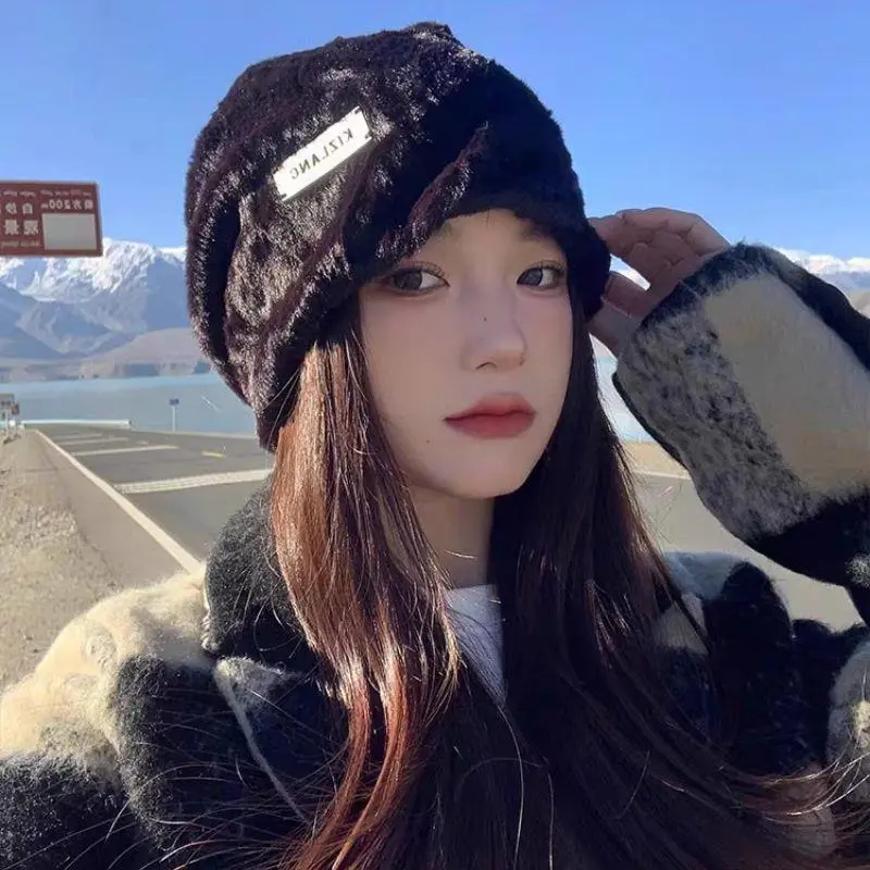 Hot Sale Rabbit Hair Plush Beanies Hats For Women Outdoor Warm Thicken Caps Soft Fleece Wool Skullies Hat Y2K Ear Protection Cap