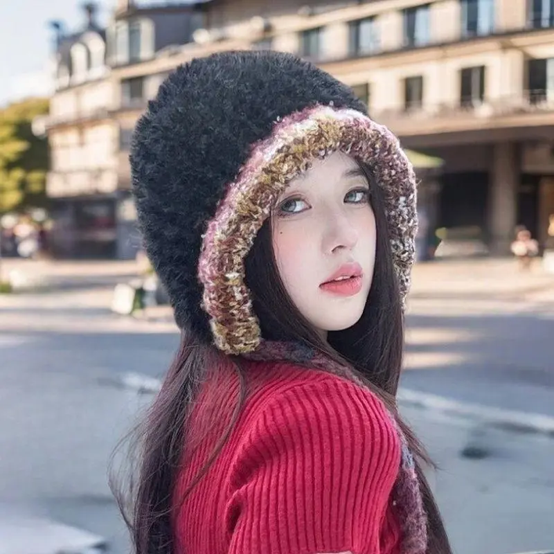 Plush Knitted Hat For Women New Autumn And Winter Thickened Warmth And Cold Resistant Woolen Hat Big Headed Cap Balaclava Hat