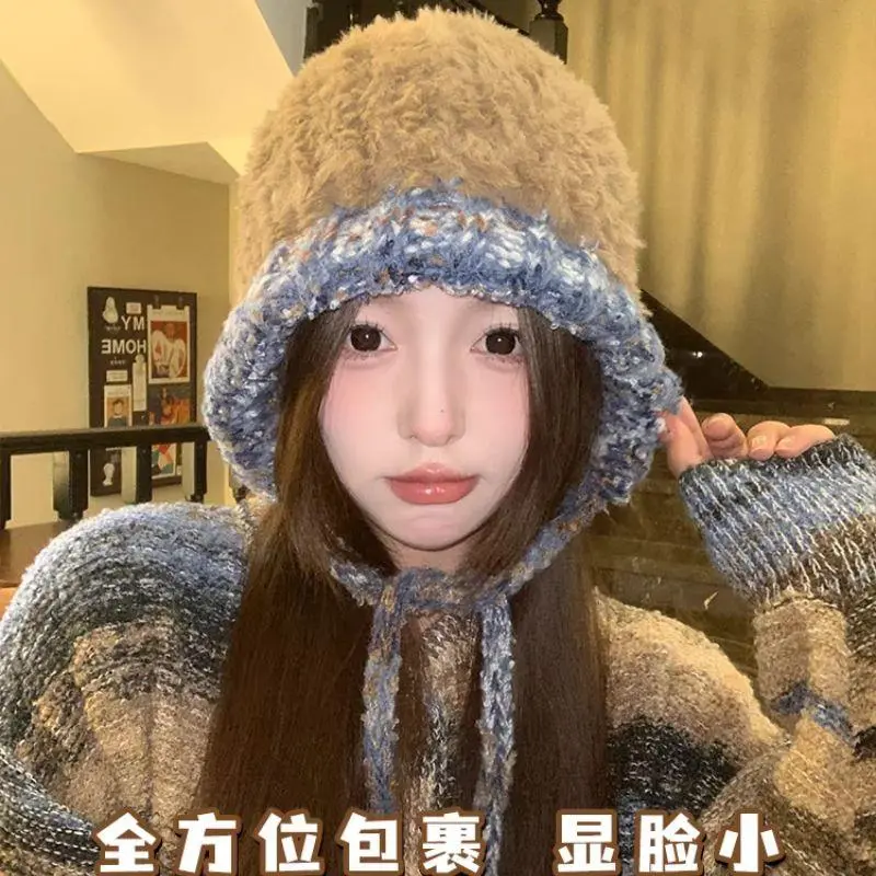 Plush Knitted Hat For Women New Autumn And Winter Thickened Warmth And Cold Resistant Woolen Hat Big Headed Cap Balaclava Hat