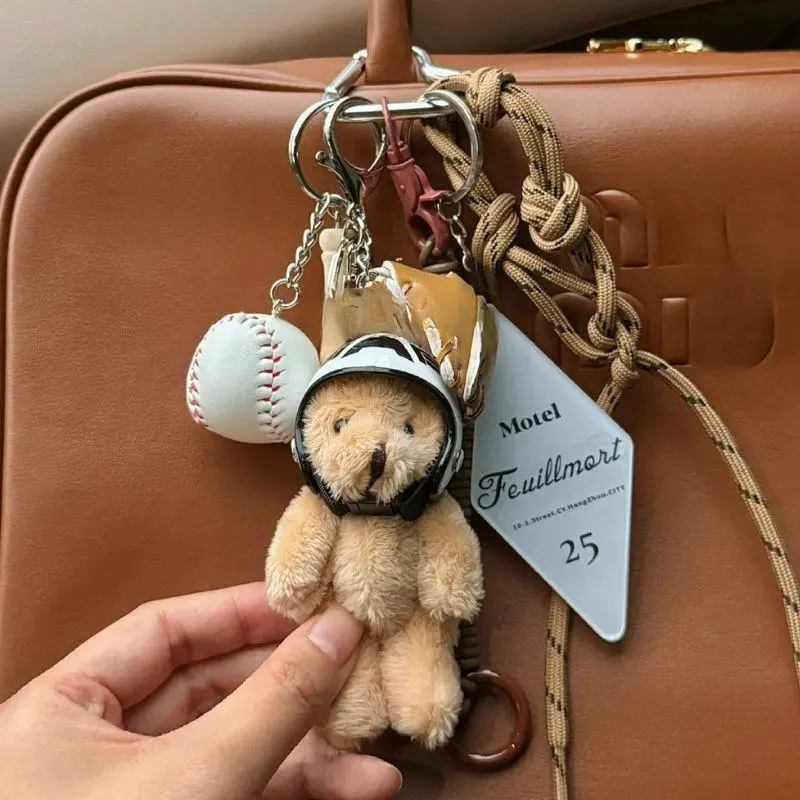 Trendy Cute Motorcycle Helmet Bear Doll Couple Keychain Pendant Plush Bear Toy Car Keyring Backpack Decoration Bag Charm Jewelry