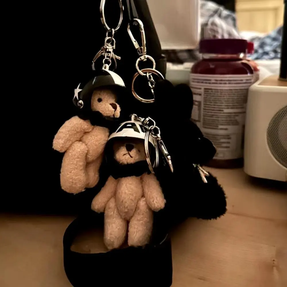 Trendy Cute Motorcycle Helmet Bear Doll Couple Keychain Pendant Plush Bear Toy Car Keyring Backpack Decoration Bag Charm Jewelry