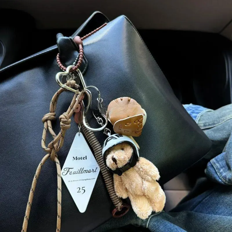 Trendy Cute Motorcycle Helmet Bear Doll Couple Keychain Pendant Plush Bear Toy Car Keyring Backpack Decoration Bag Charm Jewelry
