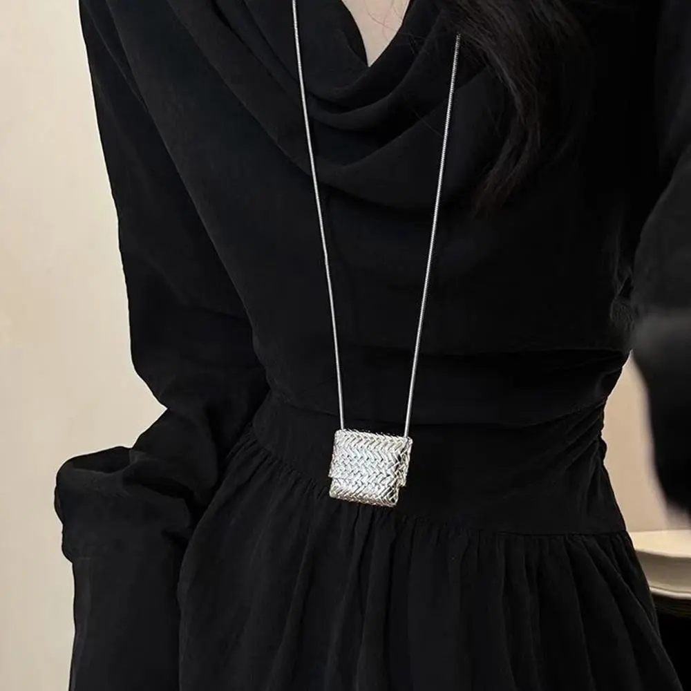 INS Silver Color Square Bag Pendant Necklace Snake Chain Long Chain Necklaces For Women Girls Creative Neck Jewelry Best Gifts
